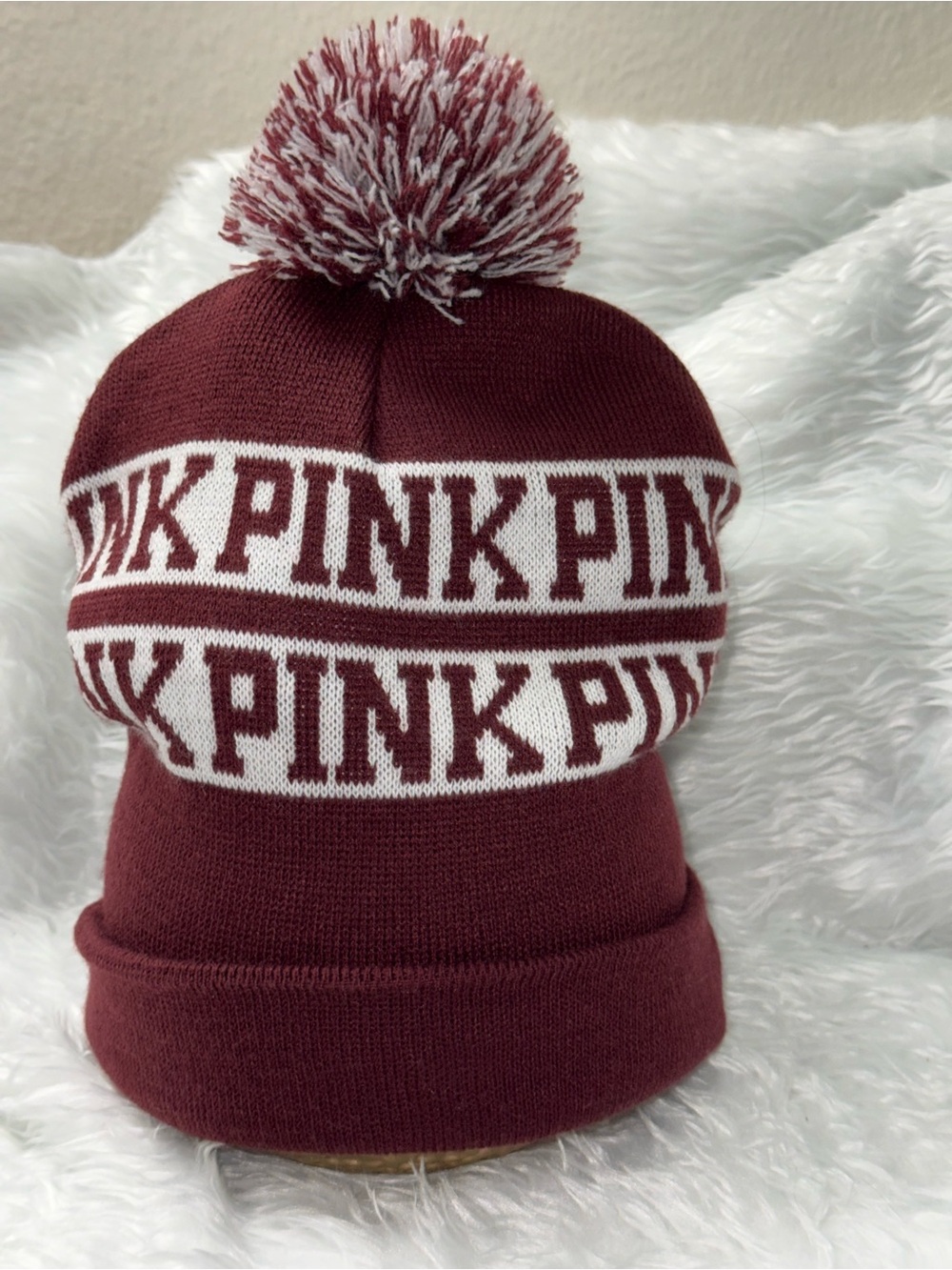 PINK Victoria's Secret Kids Two-Tone Pom Beanie Hat - Maroon & White